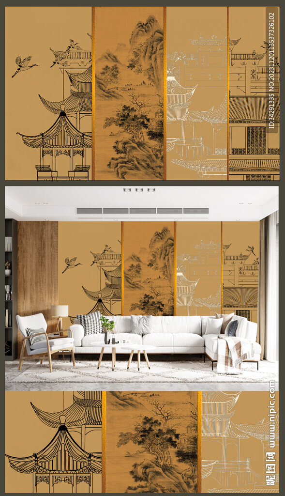 新中式原创新中式水墨山水背景墙