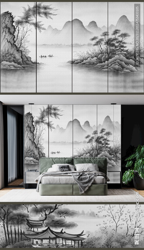 高清中式山水轻奢简约水墨壁画	