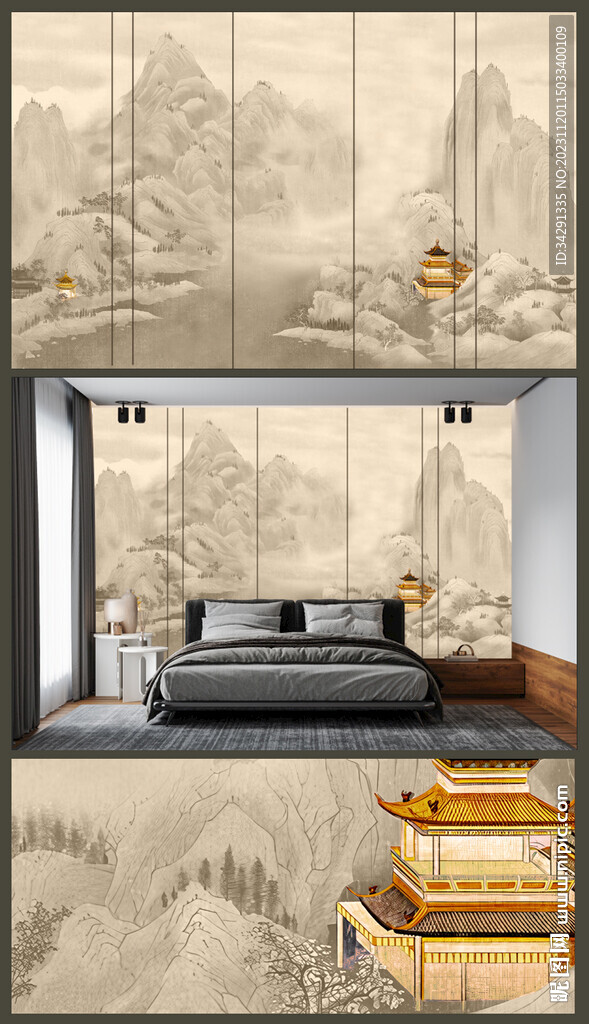 新中式轻奢楼阁背景壁画