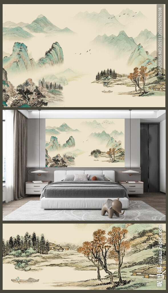 国画山水中式电视背景墙