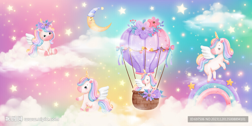 梦幻天空卡通彩虹独角兽星空背景