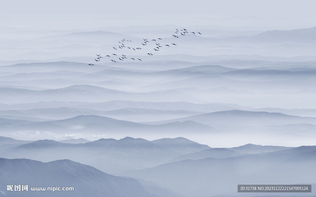大气蓝色禅意水墨山水画背景墙