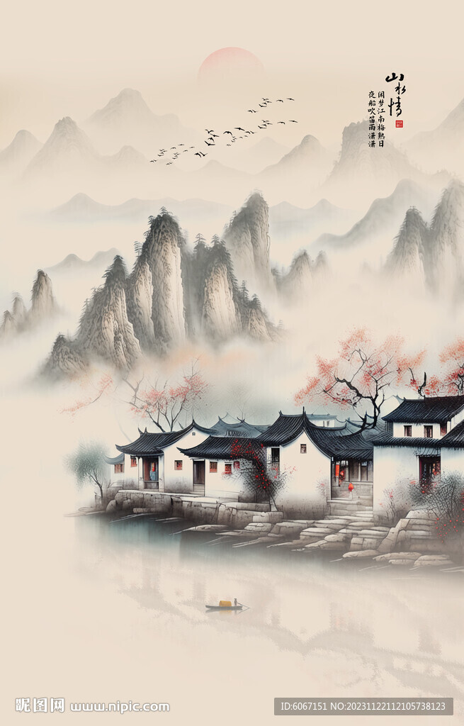 水墨江南山水情玄关画