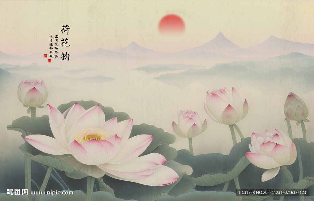 新中式水墨山水荷花背景墙