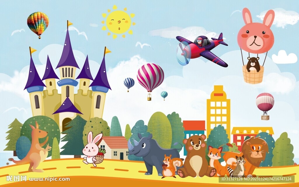 卡通城堡热气球背景墙