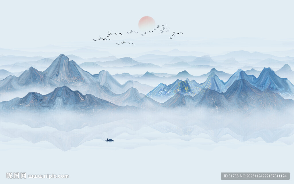 禅意水墨山水画背景墙