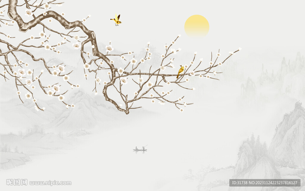 新中式手绘花鸟画背景墙装饰画