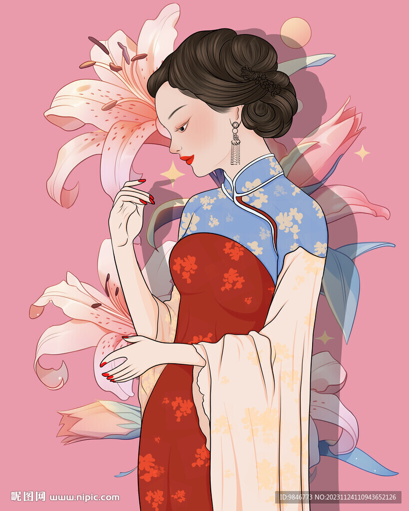 手绘花与旗袍美女插画
