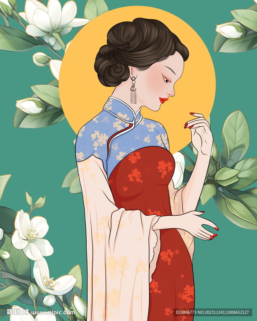 手绘插画旗袍美女与栀子花