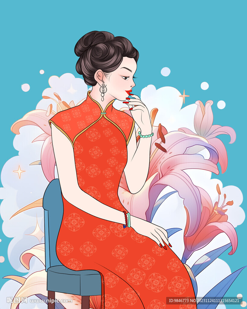 手绘花与红色旗袍美女插画
