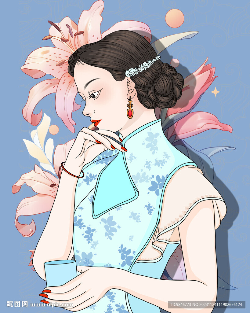 手绘百合花与旗袍美女插画