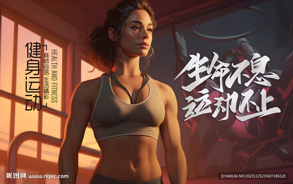 手绘健身美女装饰设计壁画挂画