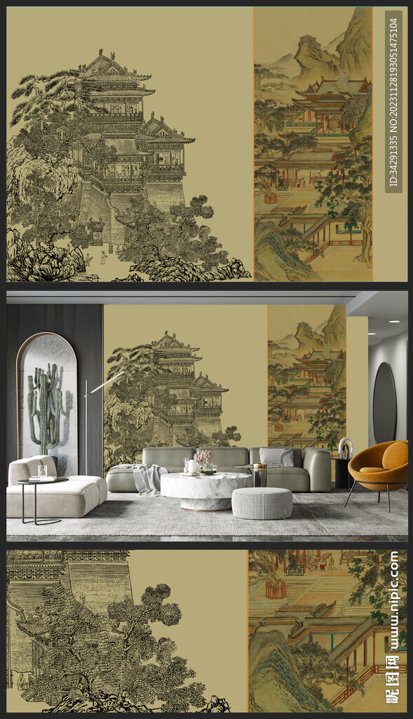 原创新中式轻奢楼阁山水背景壁画