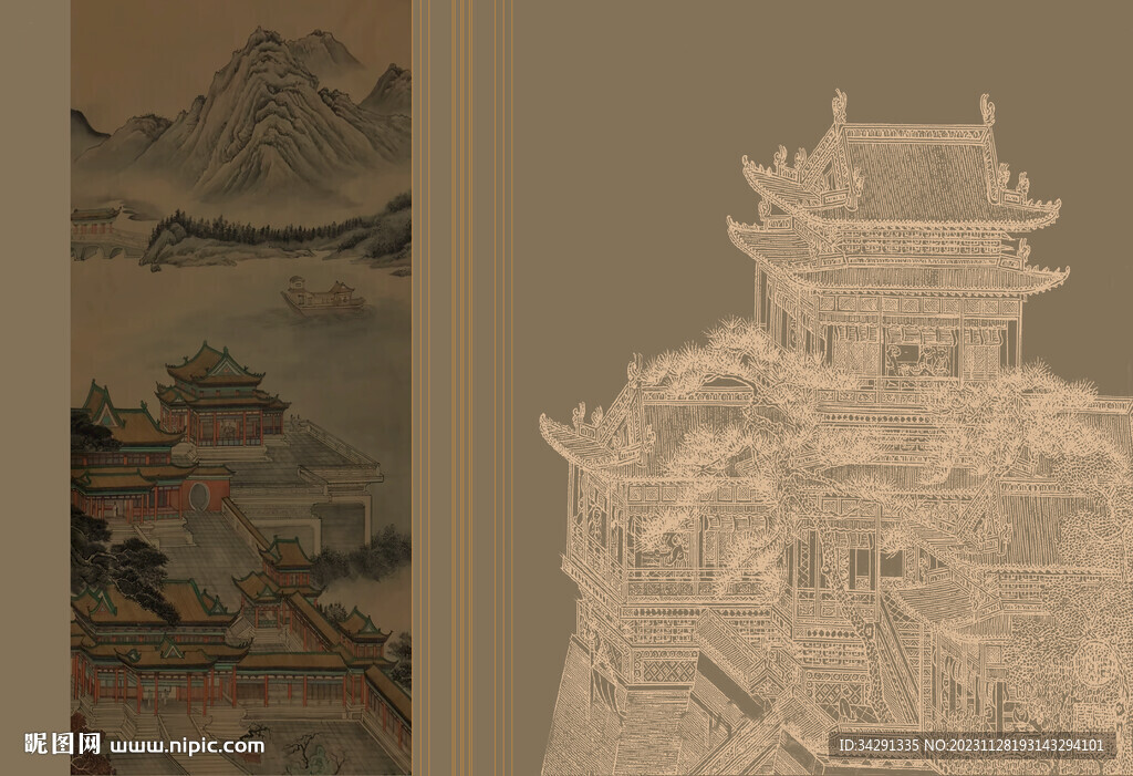 原创新中式楼阁山水背景轻奢