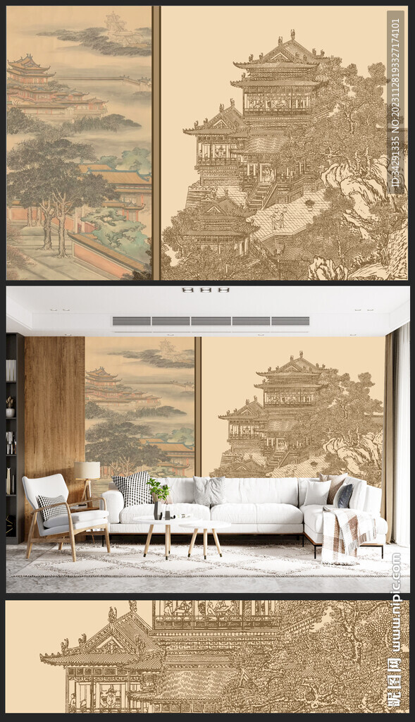 原创新中式轻奢楼阁山水背景壁画