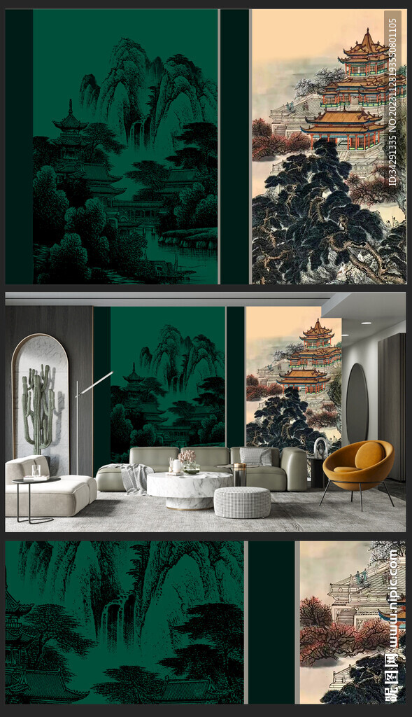 原创新中式轻奢楼阁山水背景壁画