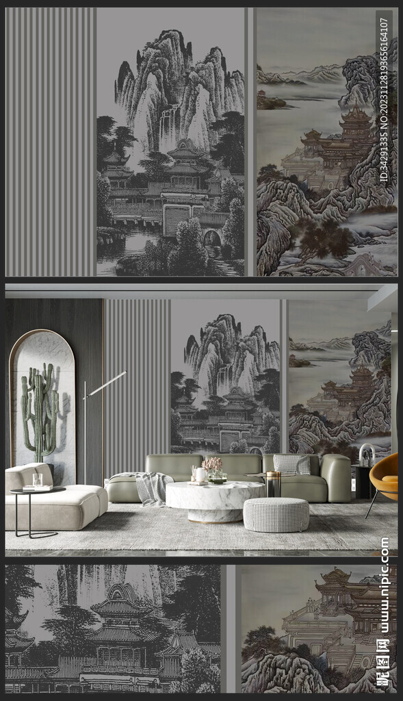 新中式轻奢楼阁山水背景壁画