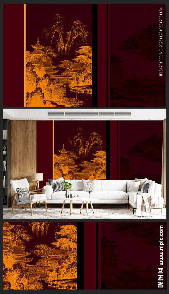 新中式轻奢楼阁山水背景壁画