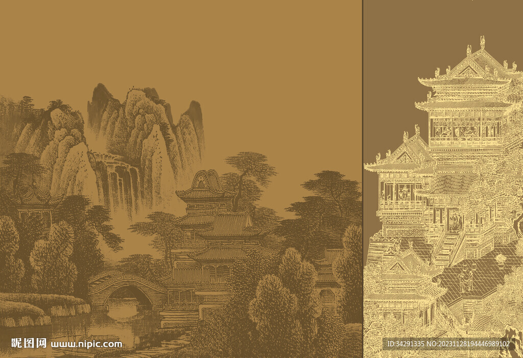 原创新中式轻奢楼阁山水背景壁画