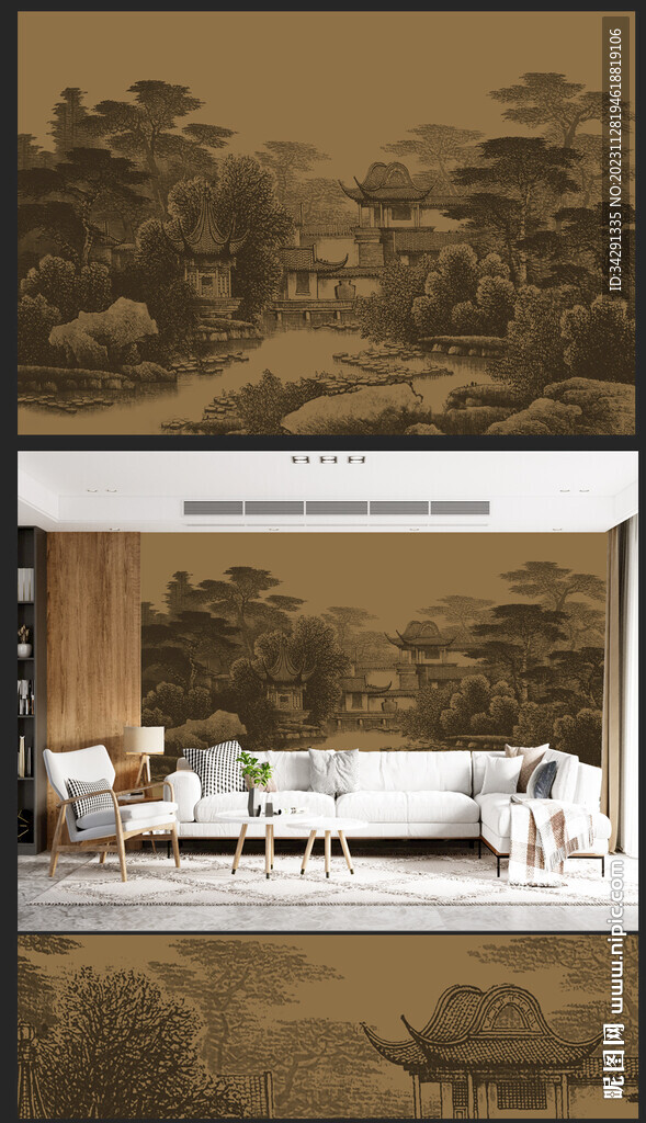 新中式轻奢楼阁山水背景壁画