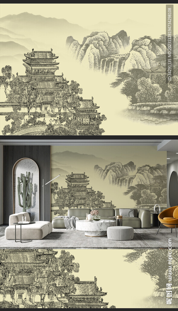 新中式轻奢楼阁山水背景壁画
