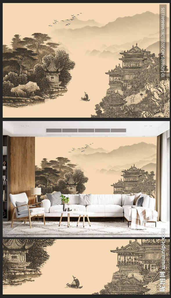 新中式轻奢楼阁山水背景壁画