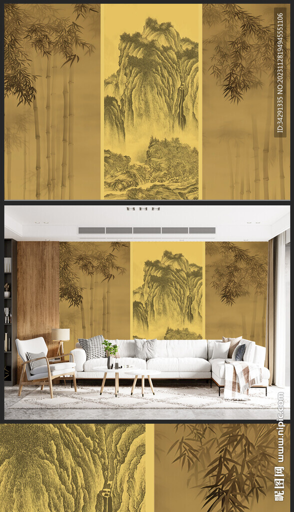 原创新中式轻奢楼阁山水背景壁画