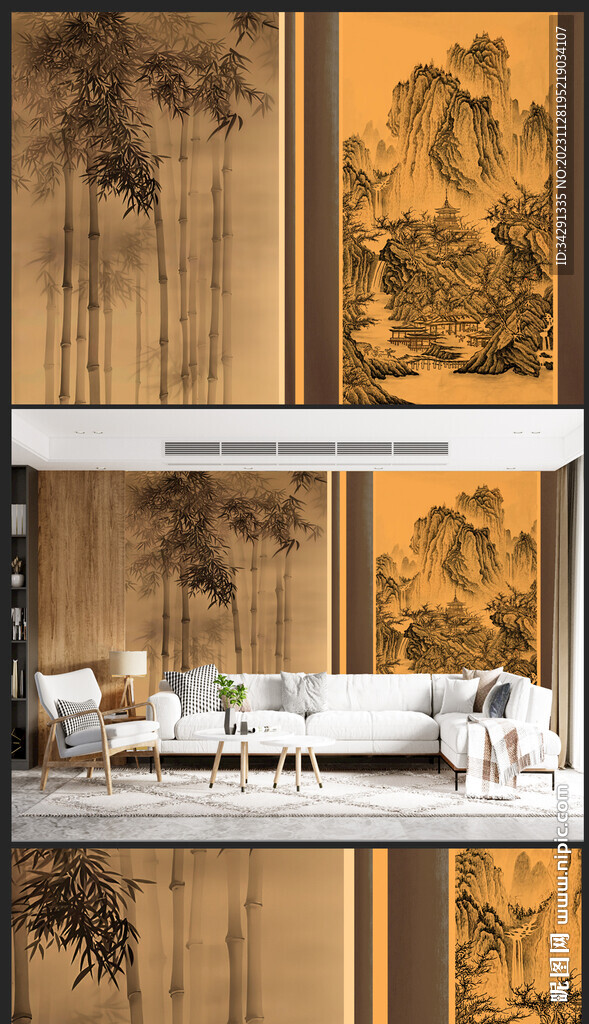 原创新中式轻奢楼阁山水背景壁画