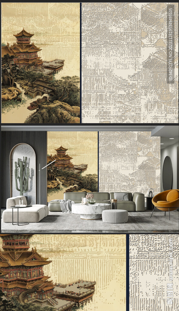 原创电视背景墙国画山水壁画硬包