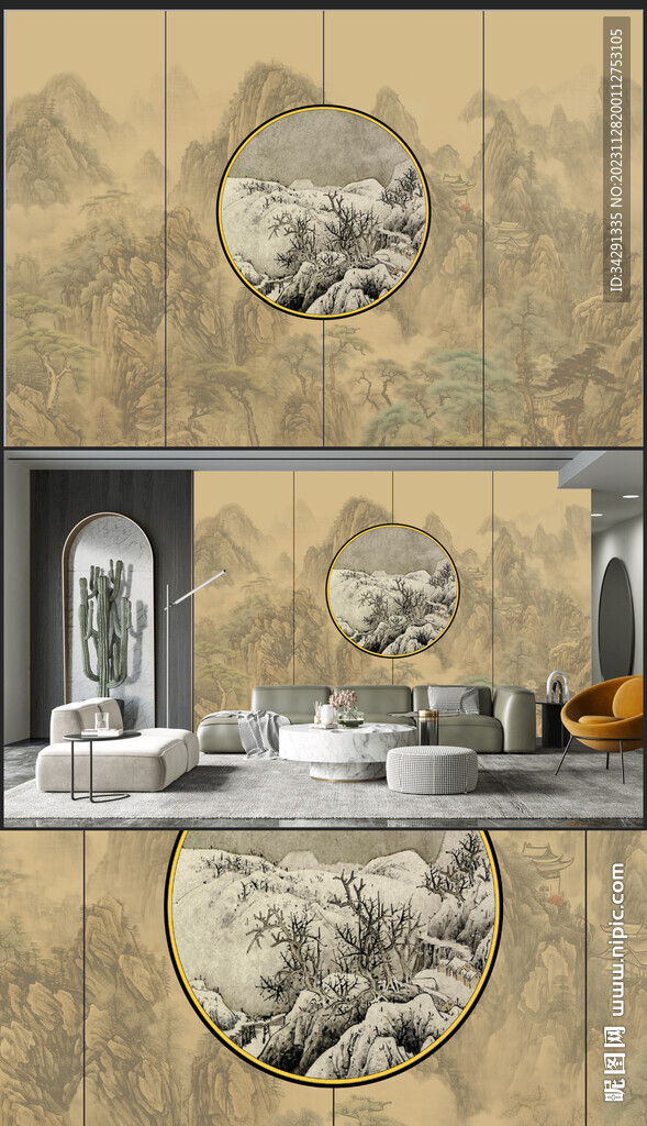 新中式轻奢楼阁山水原创背景壁画