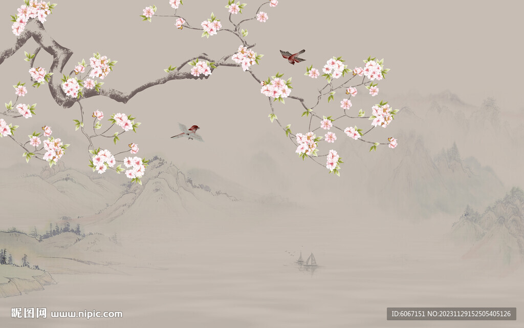 新中式手绘花鸟画背景墙