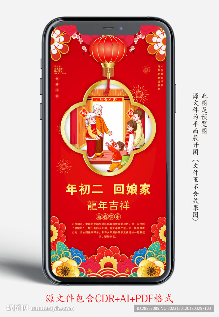 新年初二年俗手机宣传海报