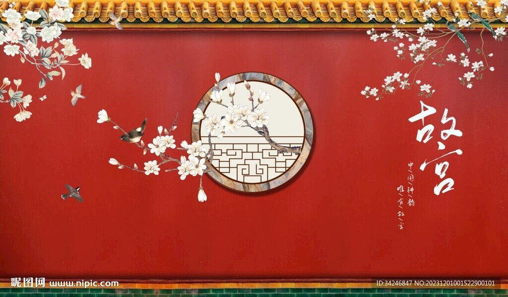 中式花鸟故宫红墙背景
