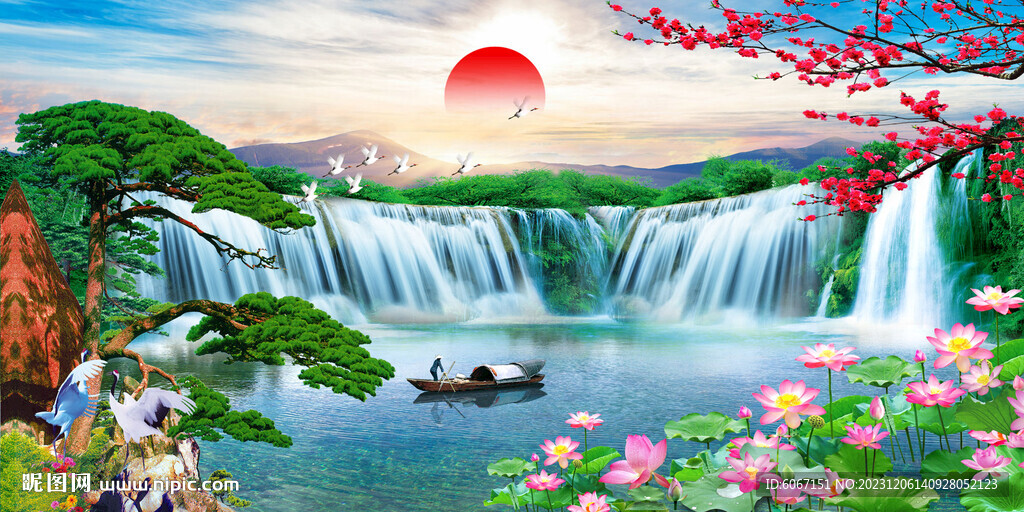 流水生财瀑布山水画装饰图