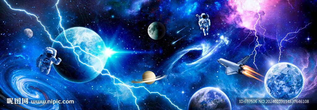 太空星球宇宙闪电火箭宇航员背景