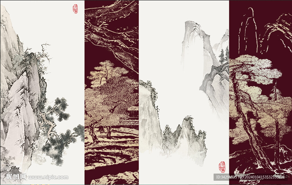 新中式山水背景墙壁画硬包