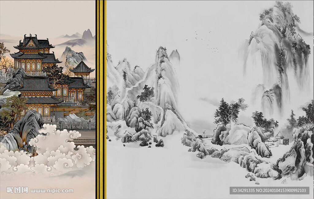 新中式山水背景墙壁画硬包