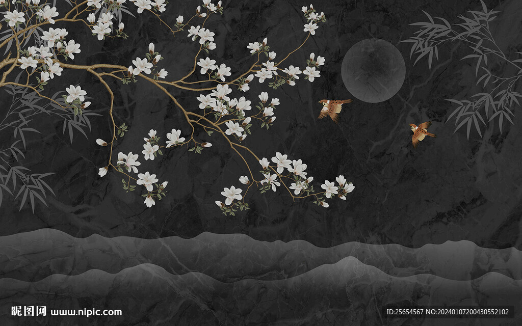 新中式大理石兰花花鸟背景墙