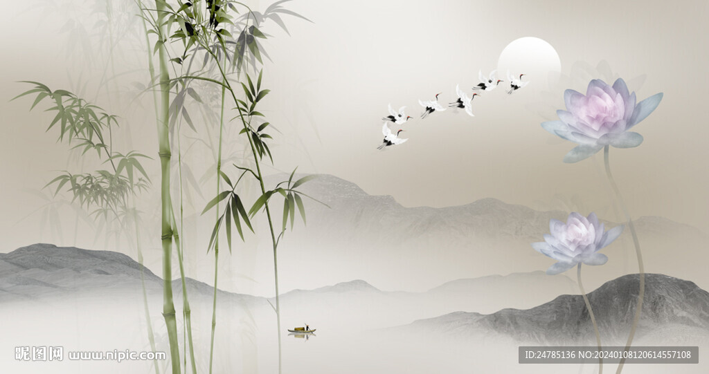 新中式水墨竹子荷花山水背景