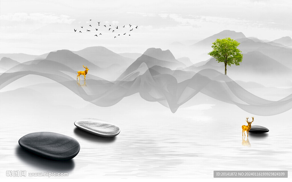 新中式烟雾水墨山水背景