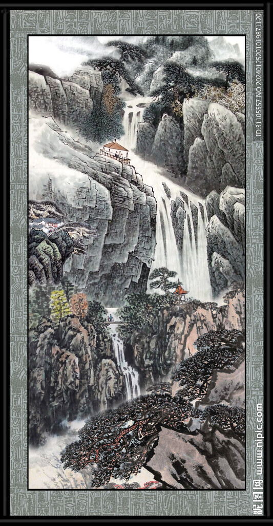 瀑布国画 