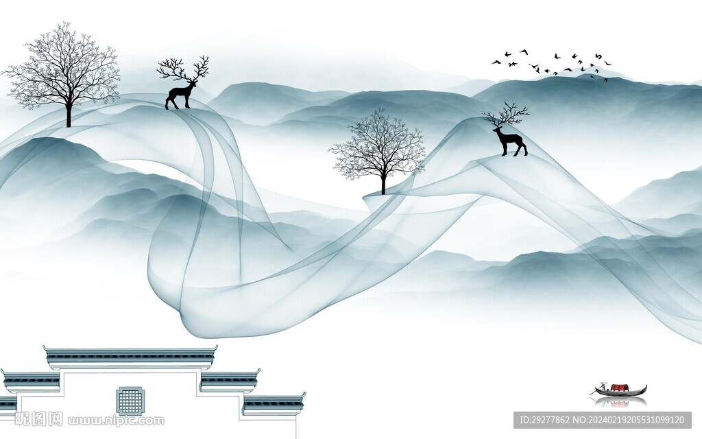 蓝色 人气中式山水 TIF分层