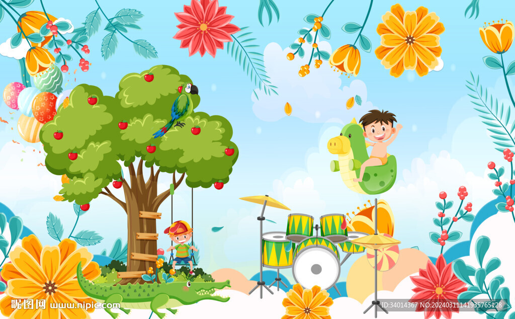 卡通儿童房床头背景墙