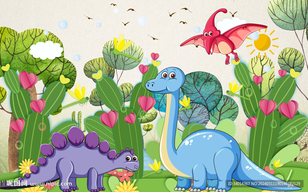 卡通恐龙儿童房背景墙