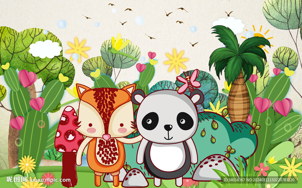 卡通熊猫狐狸背景墙