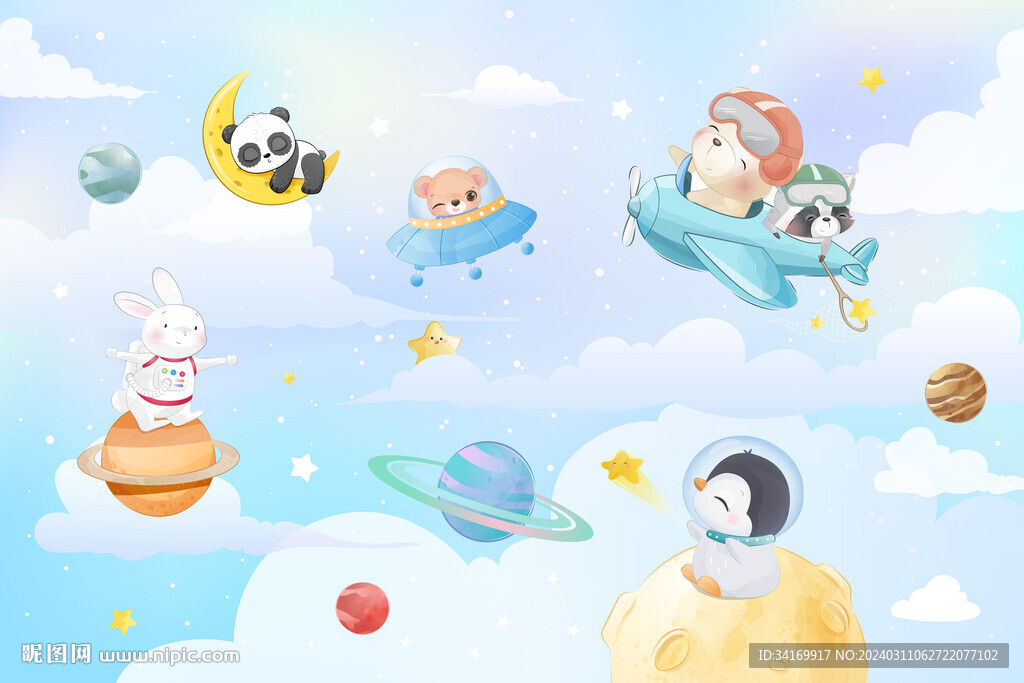卡通动物宇航员外太空星球背景墙