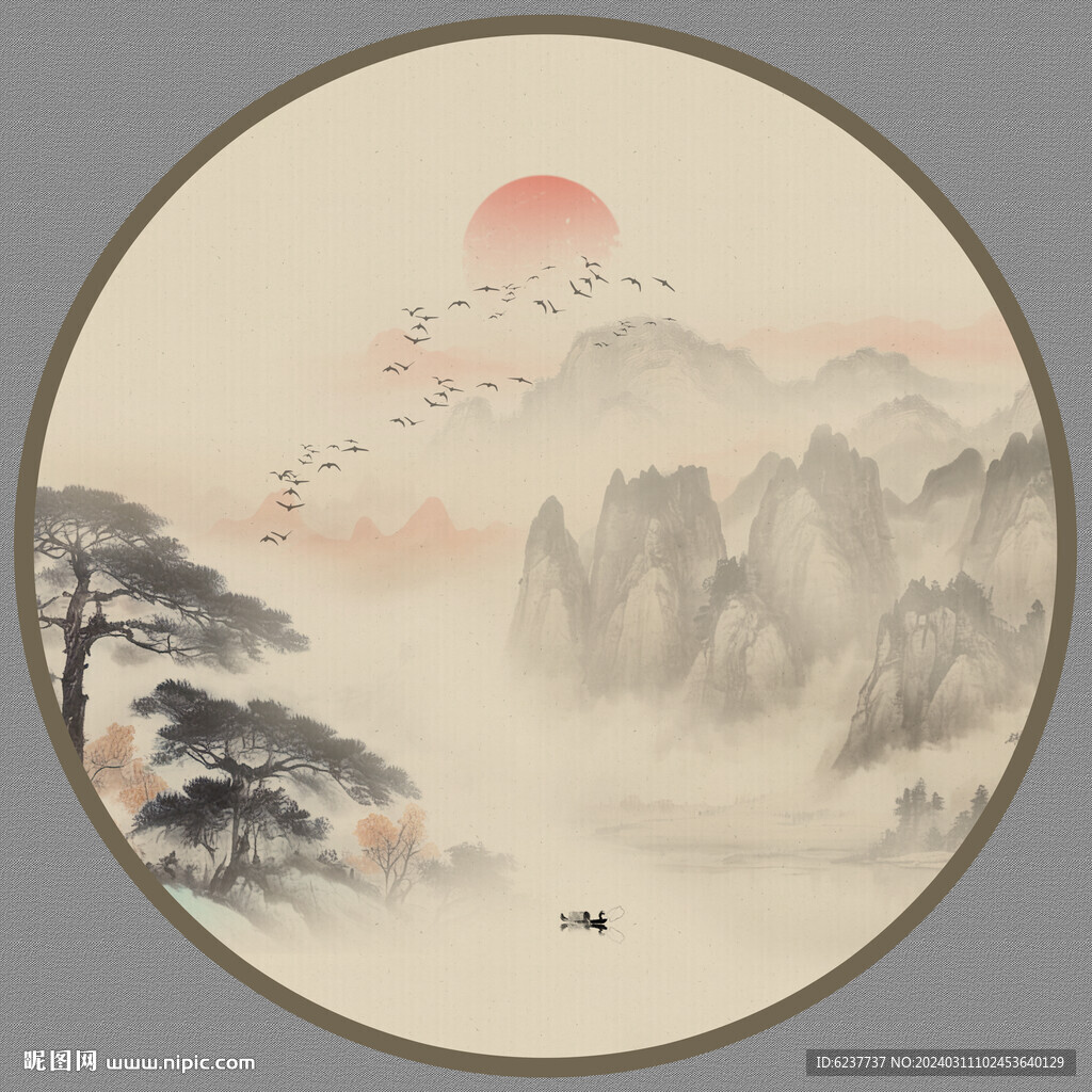 圆形迎客松山水画