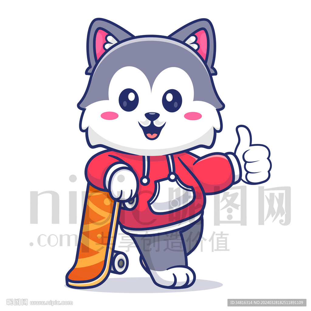 可爱卡通玩滑板的狼狗