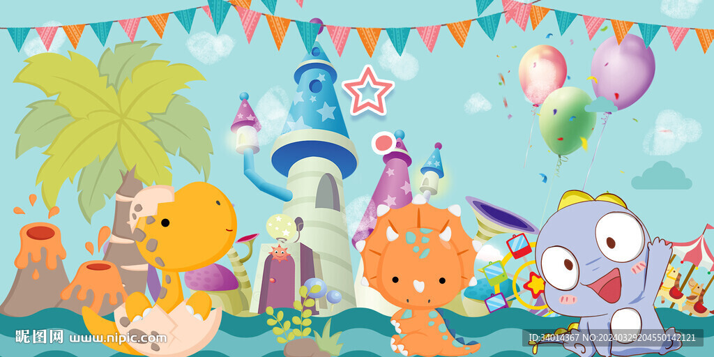 卡通恐龙儿童房背景墙