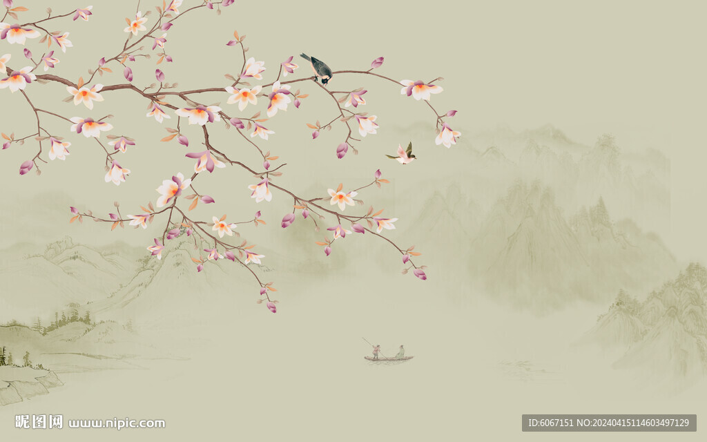 新中式工笔花鸟画背景墙